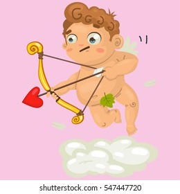 Valentine's Day cupid on the cloud with bow and arrow. Vector illustration isolated on pink background.