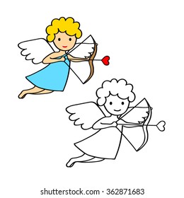 Valentine's Day cupid shoots a bow, hand drawn, isolated, vector illustration.