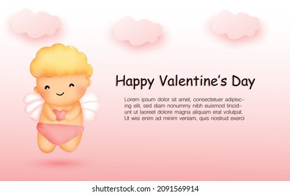 Valentine's Day cupid sweet watercolor in pink banner.Happy Valentine's Day wording and clouds adorable elements for lover and couple.