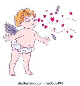Valentine's day. Cupid-boy in cloud pants and blowing kisses and hearts. Vector illustration