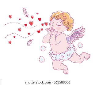 Valentine's Day. Cupid-boy In Cloud Pants And Blowing Kisses And Hearts. Vector Illustration