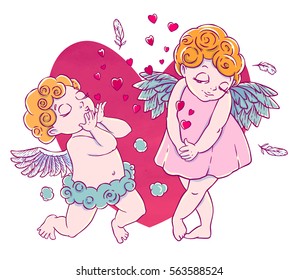 Valentine's day. Cupid-boy cloud pants knelt and blowing kisses and hearts. Pair of angels.