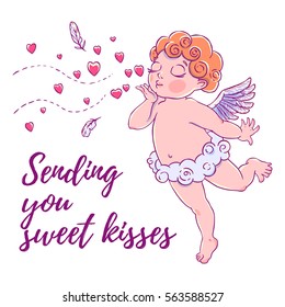 Valentine's day. Cupid-boy in cloud pants and blowing kisses and hearts. Vector illustration