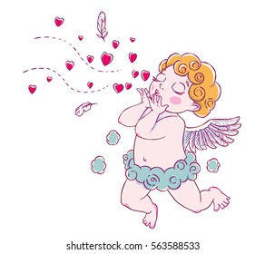 Valentine's day. Cupid-boy cloud pants knelt and blowing kisses and hearts.