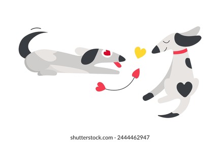 Flecha de cupidón de San Valentín. Dos perros enamorados, amor celebrando la Ilustración vectorial de dibujos animados