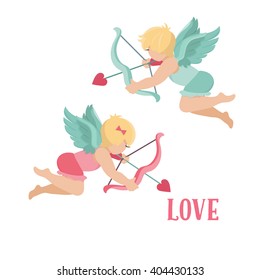 Valentine's Day Cupids Angels cartoon style cartoon illustration. Cupid flat children vector illustration, vector Cute cupid angels cards for Valentine's Day