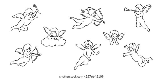 Valentine's day cupids or little angels collection. Cupid shooting the arrow line art. Banner, poster, web, template, valentine's card. Hand drawn style. Vector illustration.