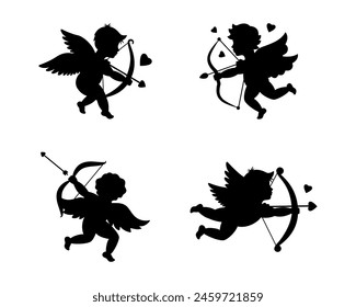 Cupidos de San Valentín. Símbolo de amor. Ángel con alas. Silueta de querubines. Cupidos disparando flechas. Ilustración vectorial.