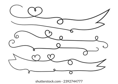 
valentines day curly hearts style calligraphy outline ribbon, Hand drawing Calligraphic heart ribbon vector banner, Decorative hearts romantic love text banner, heart scroll Line outline ribbon