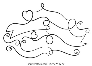 
valentines day curly hearts style calligraphy outline ribbon, Hand drawing Calligraphic heart ribbon vector banner, Decorative hearts romantic love text banner, heart scroll Line outline ribbon