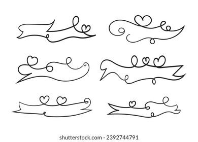 
valentines day curly hearts style calligraphy outline ribbon, Hand drawing Calligraphic heart ribbon vector banner, Decorative hearts romantic love text banner, heart scroll Line outline ribbon