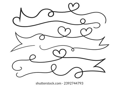 
valentines day curly hearts style calligraphy outline ribbon, Hand drawing Calligraphic heart ribbon vector banner, Decorative hearts romantic love text banner, heart scroll Line outline ribbon