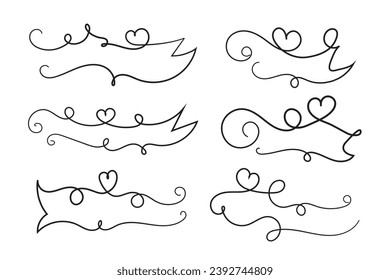 
valentines day curly hearts style calligraphy outline ribbon, Hand drawing Calligraphic heart ribbon vector banner, Decorative hearts romantic love text banner, heart scroll Line outline ribbon