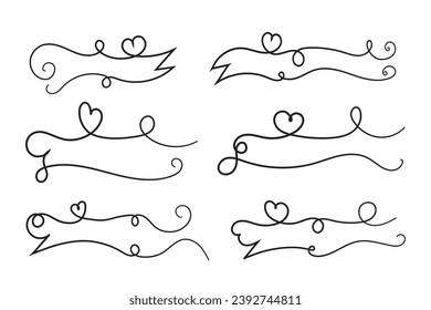 
valentines day curly hearts style calligraphy outline ribbon, Hand drawing Calligraphic heart ribbon vector banner, Decorative hearts romantic love text banner, heart scroll Line outline ribbon