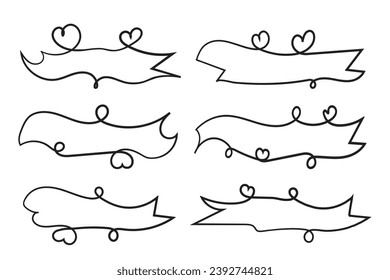 
valentines day curly hearts style calligraphy outline ribbon, Hand drawing Calligraphic heart ribbon vector banner, Decorative hearts romantic love text banner, heart scroll Line outline ribbon