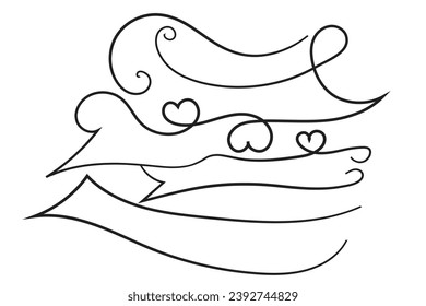 
valentines day curly hearts style calligraphy outline ribbon, Hand drawing Calligraphic heart ribbon vector banner, Decorative hearts romantic love text banner, heart scroll Line outline ribbon