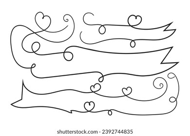 
valentines day curly hearts style calligraphy outline ribbon, Hand drawing Calligraphic heart ribbon vector banner, Decorative hearts romantic love text banner, heart scroll Line outline ribbon