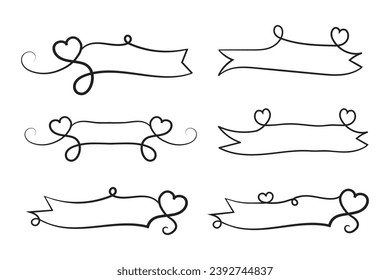 
valentines day curly hearts style calligraphy outline ribbon, Hand drawing Calligraphic heart ribbon vector banner, Decorative hearts romantic love text banner, heart scroll Line outline ribbon