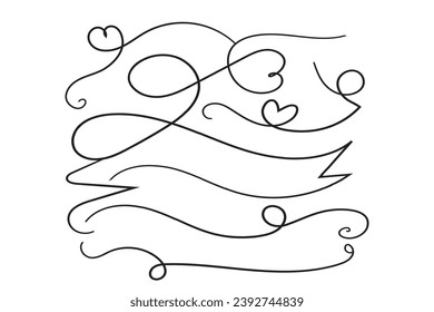 
valentines day curly hearts style calligraphy outline ribbon, Hand drawing Calligraphic heart ribbon vector banner, Decorative hearts romantic love text banner, heart scroll Line outline ribbon