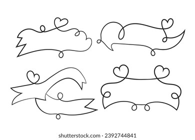 
valentines day curly hearts style calligraphy outline ribbon, Hand drawing Calligraphic heart ribbon vector banner, Decorative hearts romantic love text banner, heart scroll Line outline ribbon