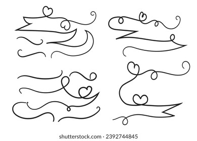
valentines day curly hearts style calligraphy outline ribbon, Hand drawing Calligraphic heart ribbon vector banner, Decorative hearts romantic love text banner, heart scroll Line outline ribbon