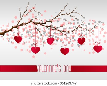 Valentine's day with cut out paper heart hanging on the branch. Vector illustration, greeting card