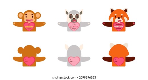 Valentines Day cute animal gift cards candy holder cards for kids. Great gift option school classroom prizes, gift exchange, Valentine party favors, love notes and more. Vector stock illustration