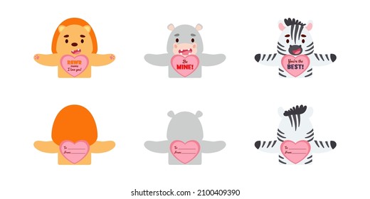 Valentines Day cute animal gift cards candy holder cards for kids. Great gift option school classroom prizes, gift exchange, Valentine party favors, love notes and more. Vector stock illustration