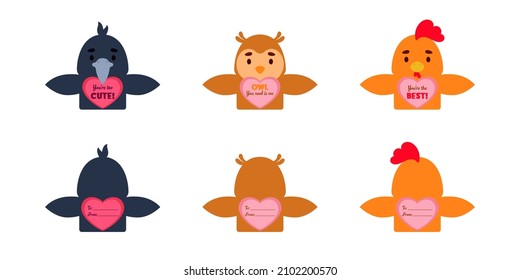 Valentines Day cute animal gift cards candy holder cards for kids. Great gift option school classroom prizes, gift exchange, Valentine party favors, love notes and more. Vector stock illustration