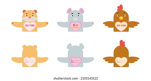Valentines Day cute animal gift cards candy holder cards for kids. Great gift option school classroom prizes, gift exchange, Valentine party favors, love notes and more. Vector stock illustration