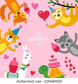 Valentine's day cute animals greeting card with llama, sloth, fox, raccoon, tiger and turtle. Childish print.