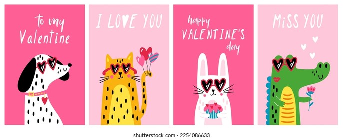 Valentine's day cute animals greeting card set with dog, cat, rabbit and crocodile. Childish print for cards, invitations and decoration