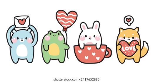 Valentines day.Set of cute animals with herat in various poses on white background.Polar bear,frog,rabbit,shiba inu dog hand drawn.Love.Kawaii.Vector.Illustration.