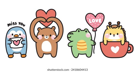 Valentines day.Set of cute animals with herat in various poses on white background.Penguin,teddy bear,crocodile,giraffe hand drawn.Love.Kawaii.Vector.Illustration.