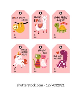 Valentine's day cute animals in love gift tag set  Childish print for cards, stickers, apparel and nursery decoration