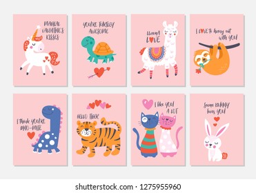 Valentine's day cute animals set with llama, sloth, unicorn, cats, dinosaur, bunny, tiger and turtle. Childish print for cards, stickers, apparel and nursery decoration