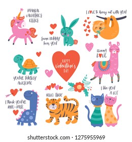 Valentine's day cute animals set with llama, sloth, unicorn, cats, dinosaur, bunny, tiger and turtle. Childish print for cards, stickers, apparel and nursery decoration