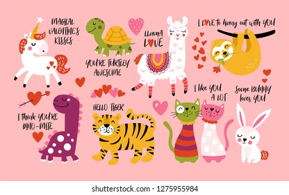 Valentine's day cute animals set with llama, sloth, unicorn, cats, dinosaur, bunny, tiger and turtle. Childish print for cards, stickers, apparel and nursery decoration