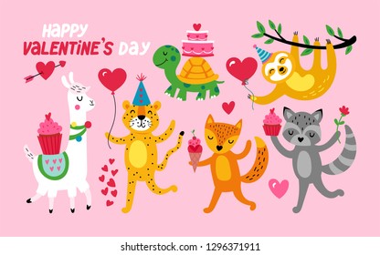 Valentine's day cute animals set with llama, sloth, fox, raccoon, tiger and turtle. Childish print for cards, stickers, apparel and nursery decoration