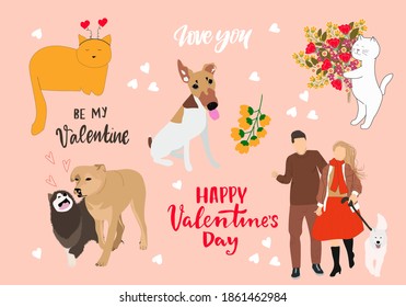 Valentine's Day cute animals set with dogs and cats. Print for postcards, stickers, clothing and baby jewelry