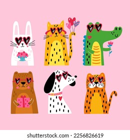 Valentine's day cute animals set with dog, cat, rabbit, crocodile, bear and  tiger. Childish print for cards, stickers, apparel and decoration