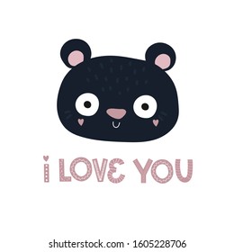 valentines day, cute blue bear, greetings template, pink love lettering vector 