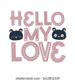 valentines day, cute blue bear, greetings template, pink love lettering vector 