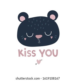 valentines day, cute blue bear, greetings template, pink love lettering vector 