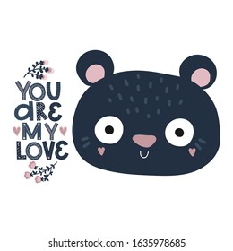 Valentine's Day, cute blue bear, greetings template, pink love lettering vector 