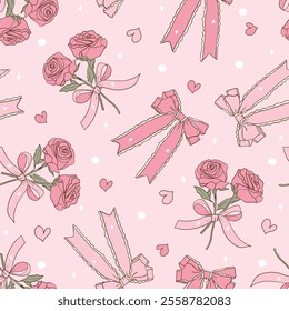 Valentine's day cute Bow and Rose Seamless Pattern. Vector Illustration