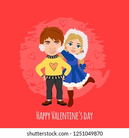 Valentine's Day. Cute boy and girl. Love cards. Vector illustration.
