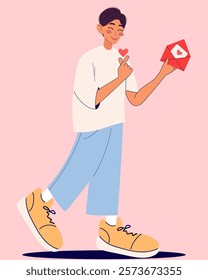 Valentine`s day. Cute boy holding love letter. Love concept. Modern isolated vector illustration.