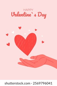Valentine`s Day cute card with hands holding heart. Illustrations of love, couple, heart. For postcard, card, congratulations, poster, brochures.	