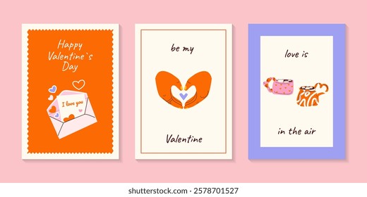 Valentine`s Day cute card set with envelope, mugs, heart. Illustrations of love, couple, heart. For postcard, card, congratulations, poster, brochures.